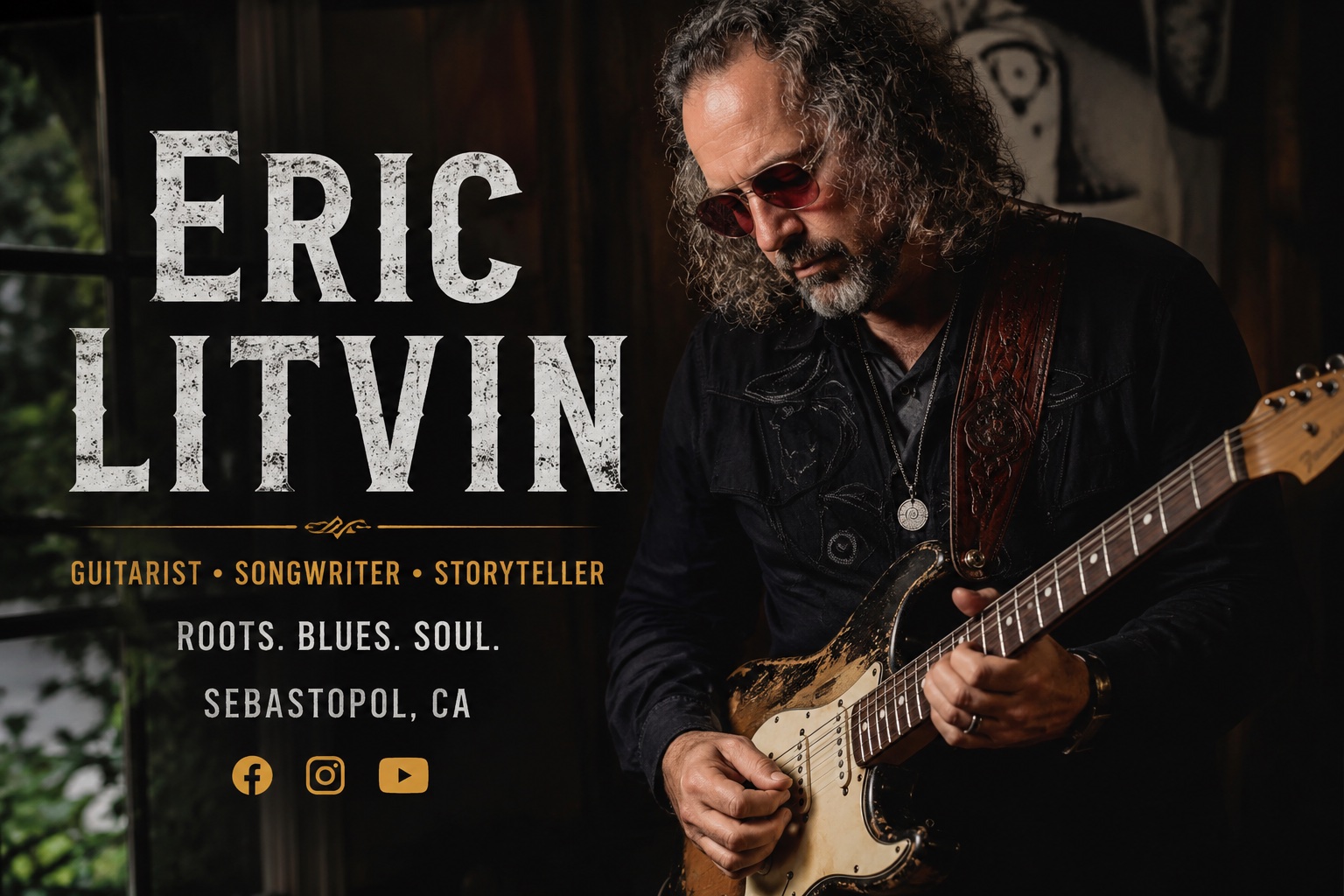 Eric Litvin playing a worn sunburst Fender Stratocaster — roots, blues and soul guitarist in Sebastopol, California